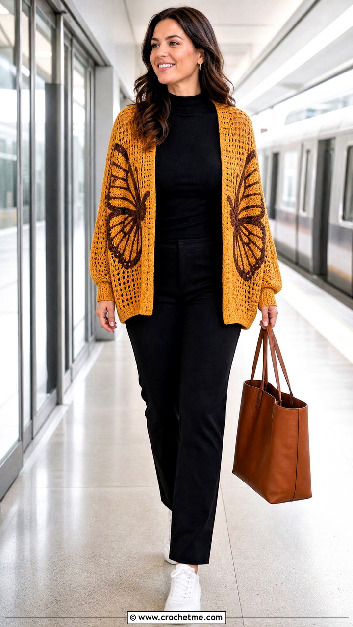 Relaxed Fit Crochet Butterfly Cardigan With Ponte Pants - 35 crochet butterfly cardigan outfit ideas