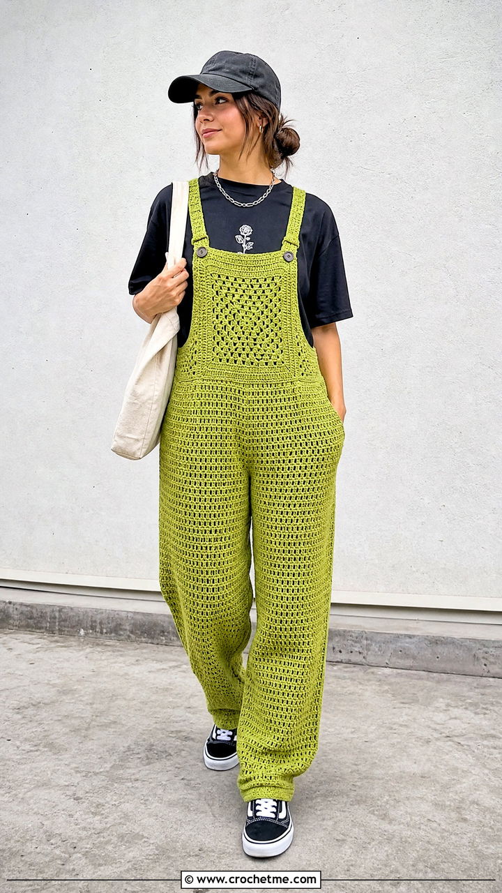 Relaxed Fit Crochet Overalls With Graphic T Shirt - 35 crochet overalls outfit ideas