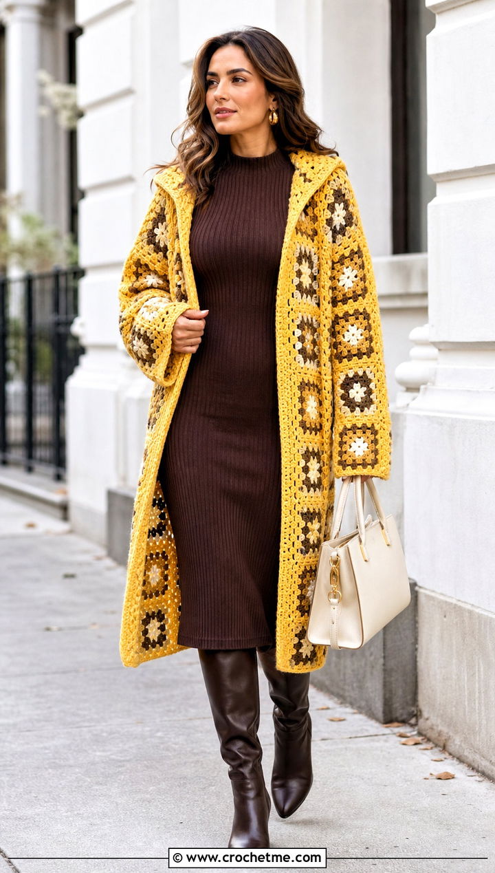 Relaxed Fit Granny Square Hooded Cardigan With Knit Dress - 25 Granny Square Hooded Cardigan outfit ideas