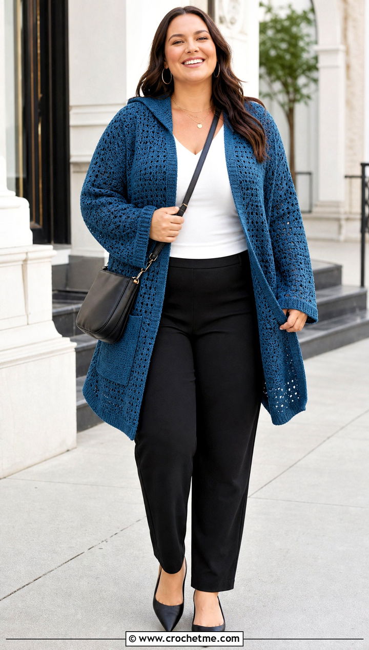 Relaxed Fit Hooded Crochet Cardigan With Ponte Pants - 35 hooded crochet cardigan outfit ideas
