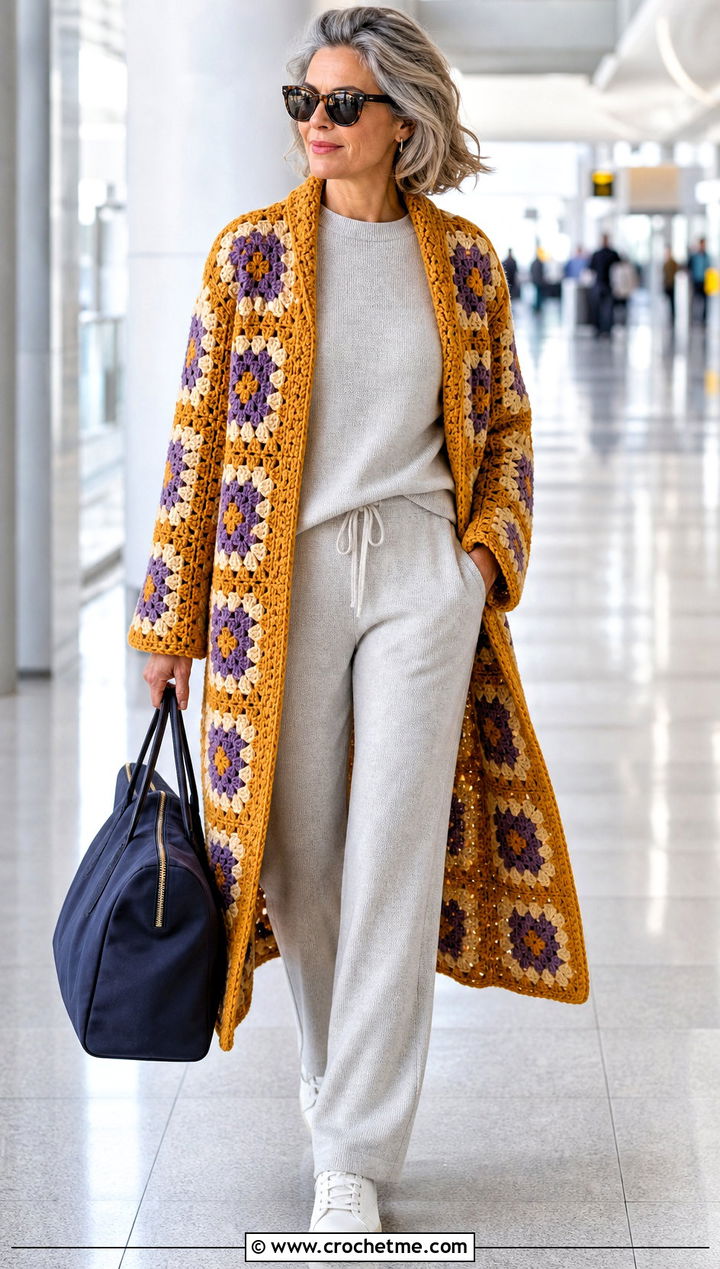 Relaxed Granny Square Car Coat With Knit Travel Set - 15 Granny Square Car Coat outfit ideas