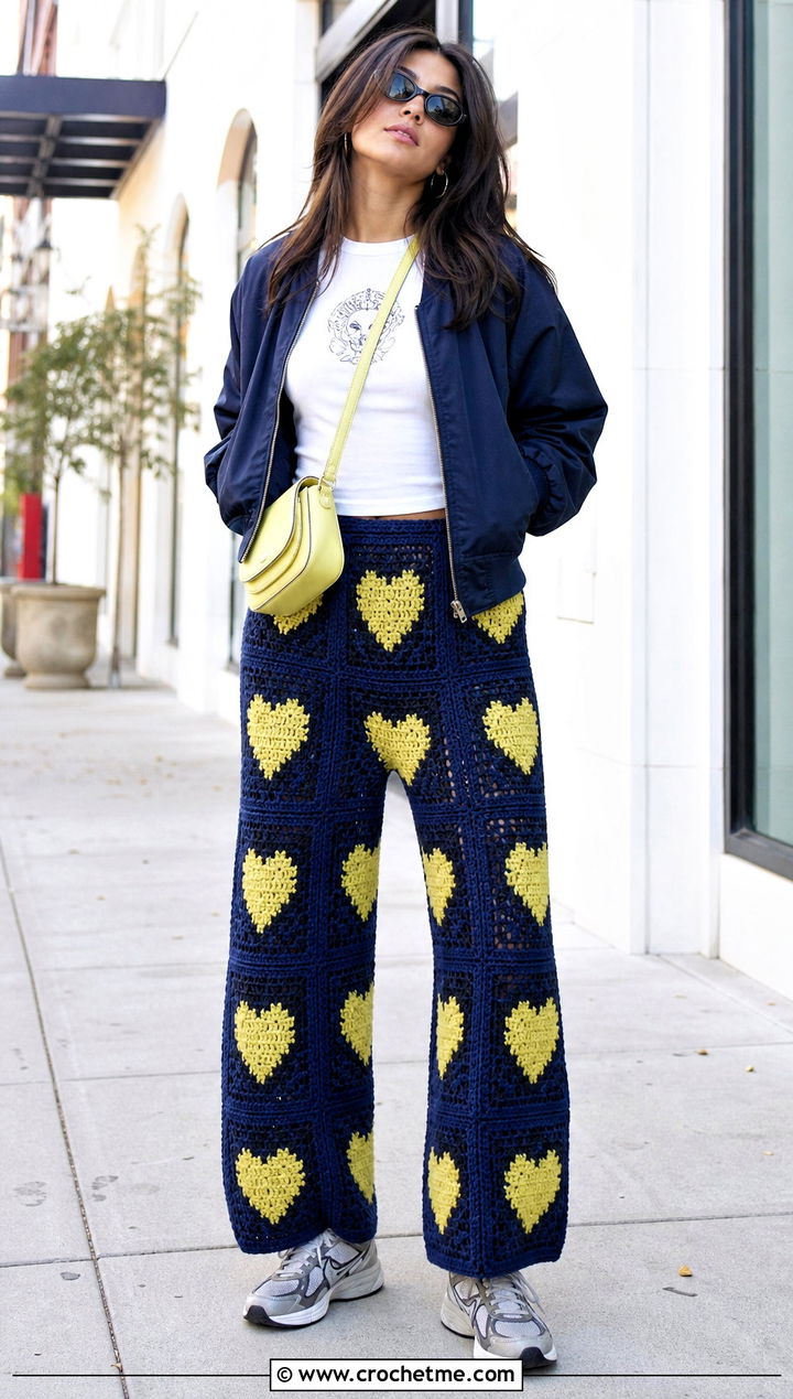Relaxed Heart Granny Square Pants With Bomber Jacket - 30 heart granny square pants outfit ideas