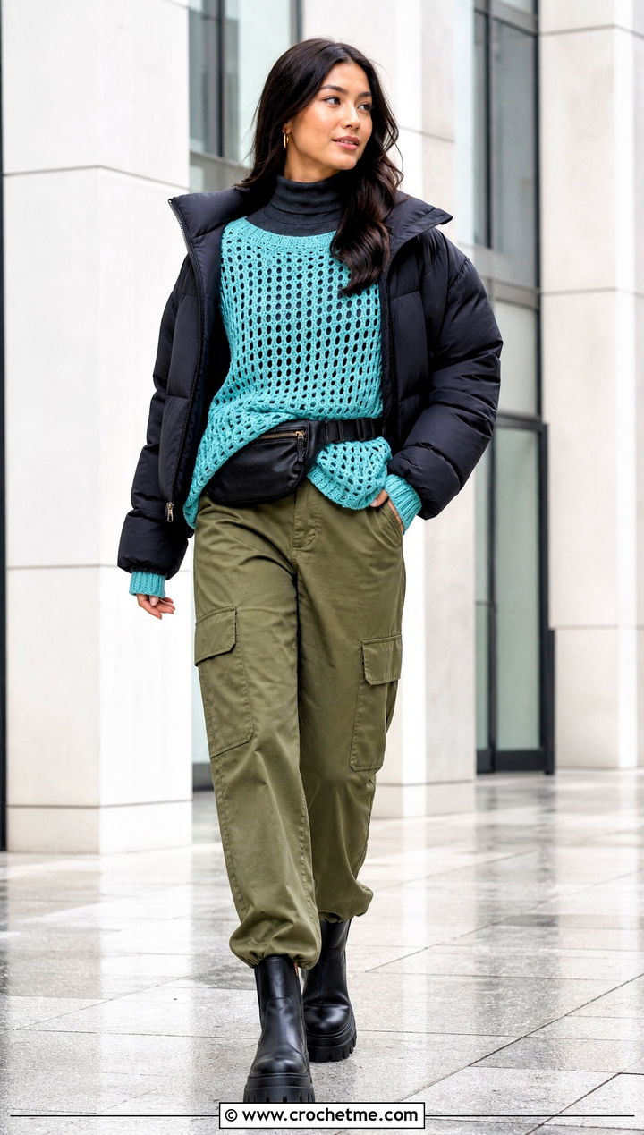 Relaxed Mesh Crochet Top With Cargo Pants - 25 Crochet Tops For Fall outfit ideas