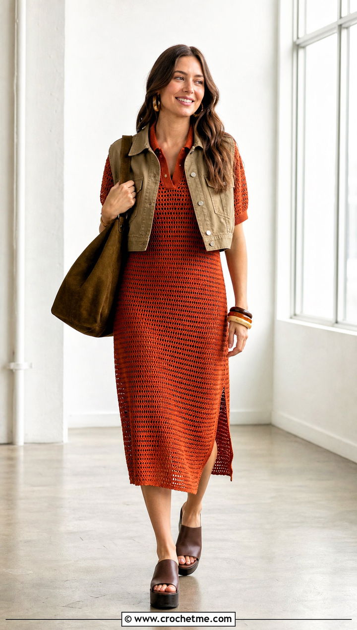 Relaxed Midi Crochet Polo Dress With Clogs - 30 Crochet Polo Dress outfit ideas