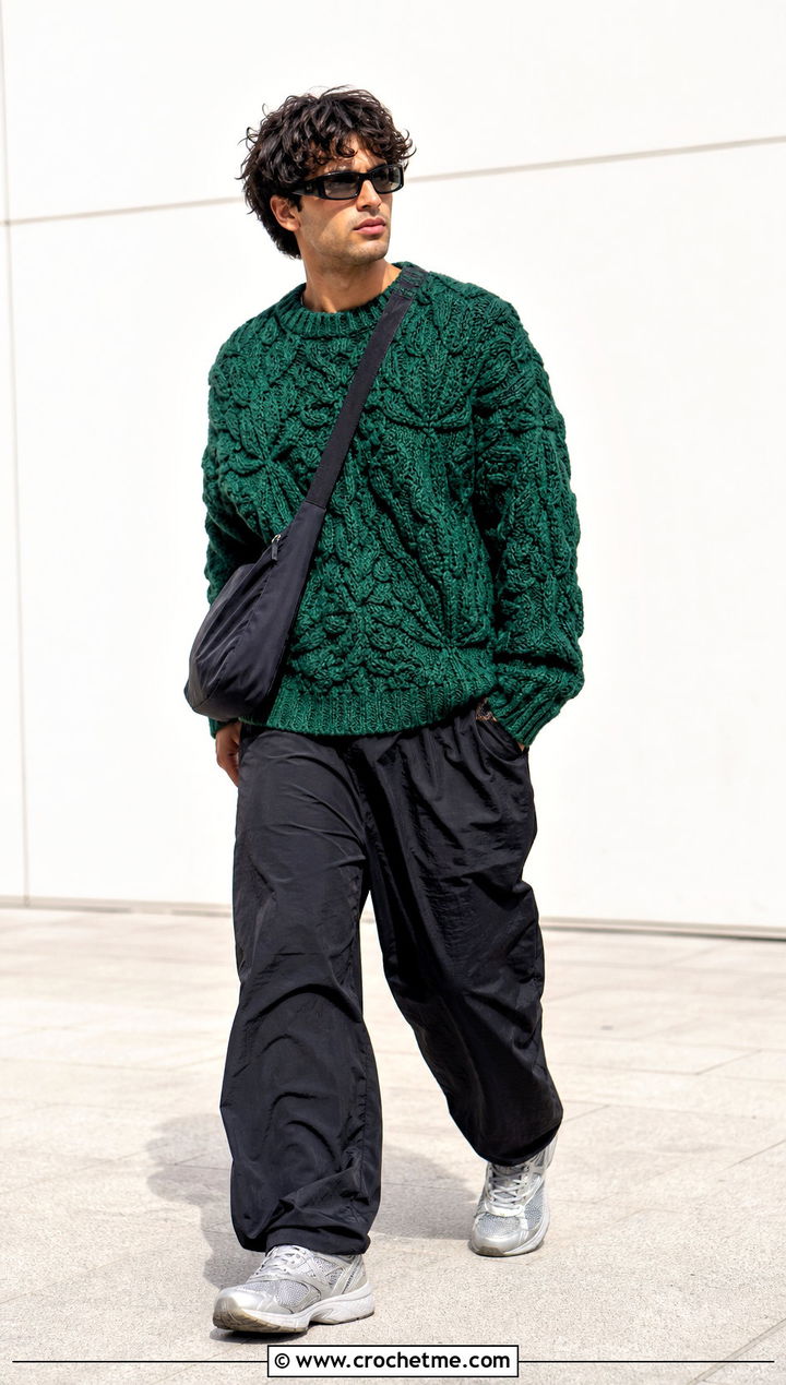 Relief Stitch Crochet Jumper With Parachute Pants - 25 mens crochet jumper outfit ideas