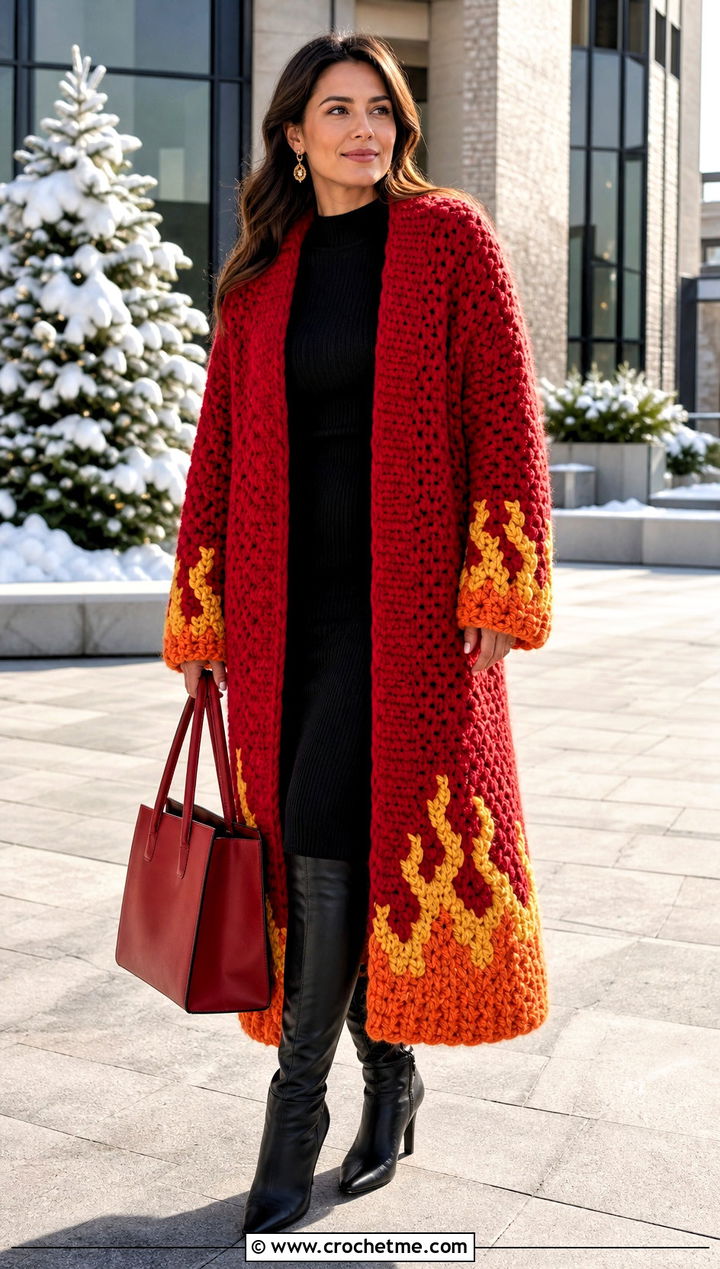 Rengoku Chunky Coatigan With Sweater Dress - 35 Demon Slayer Crochet Cardigan outfit ideas