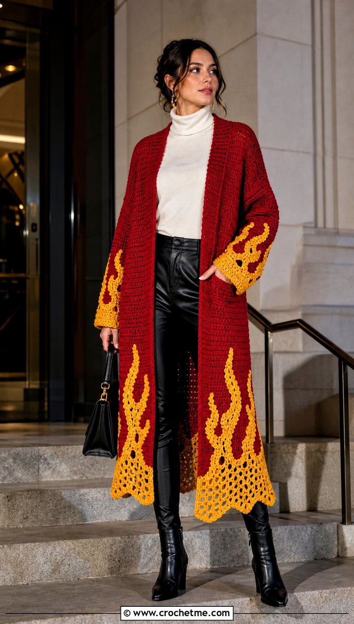 Rengoku Flame Border Cardigan With Leather Pants - 35 Demon Slayer Crochet Cardigan outfit ideas