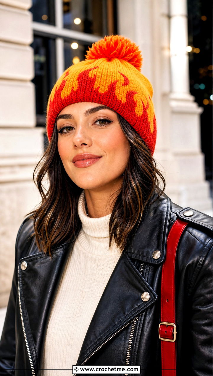 Rengoku Flame Pom Pom Beanie With Moto Jacket - 25 Demon Slayer Crochet Hat outfit ideas