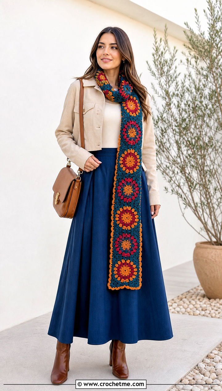 Repeating Tile Tapestry Crochet Scarf With Maxi Skirt - 35 tapestry crochet scarf outfit ideas