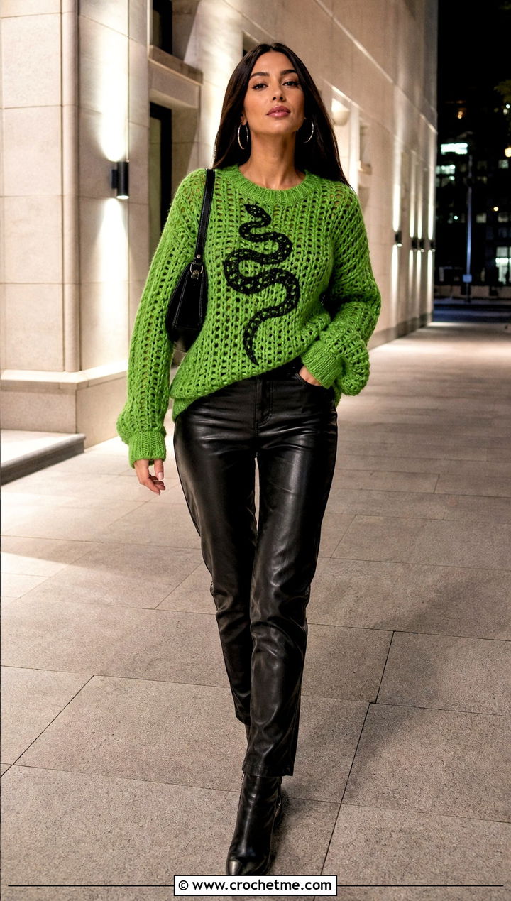 Reputation Snake Crochet Sweater With Leather Pants - 25 taylor swift crochet sweater outfit ideas