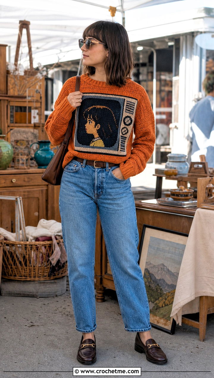 Retro Anime Crochet Sweater With Mom Jeans - 30 Anime Crochet Sweater outfit ideas