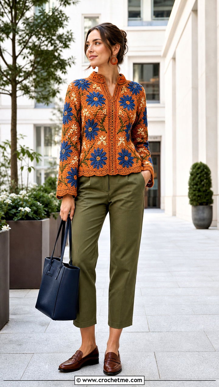 Retro Floral Tapestry Crochet Jumper With Cropped Chinos - 30 Tapestry Crochet Jumper outfit ideas
