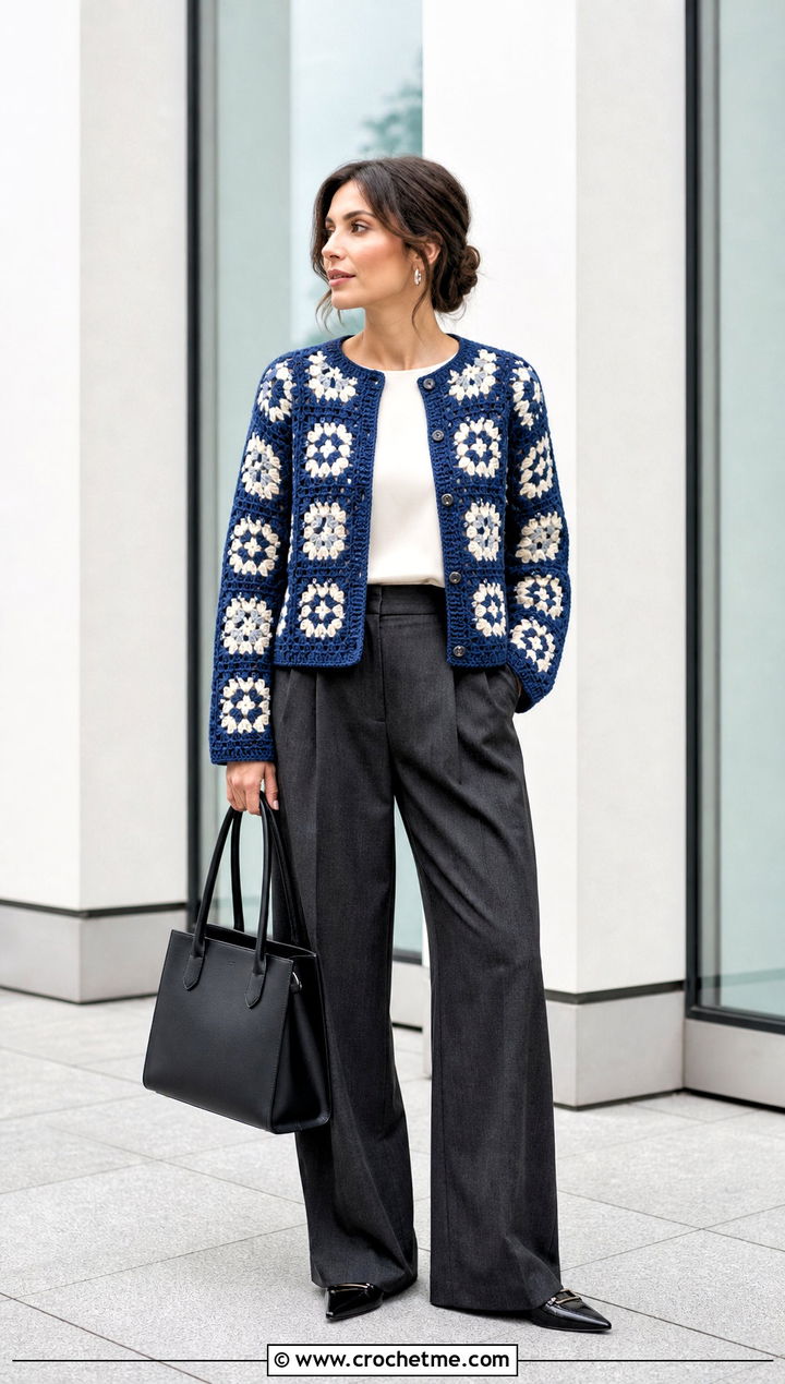 Retro Flower Granny Cardigan With Tailored Trousers - 25 Flower Crochet Cardigan outfit ideas
