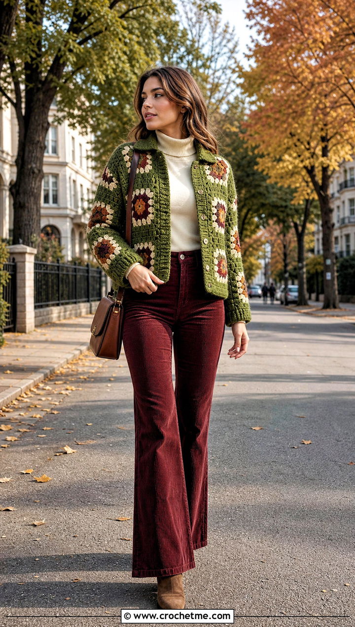 Retro Granny Square Button Up Shirt With Corduroy Pants - 25 Granny Square Button Up Shirt outfit ideas