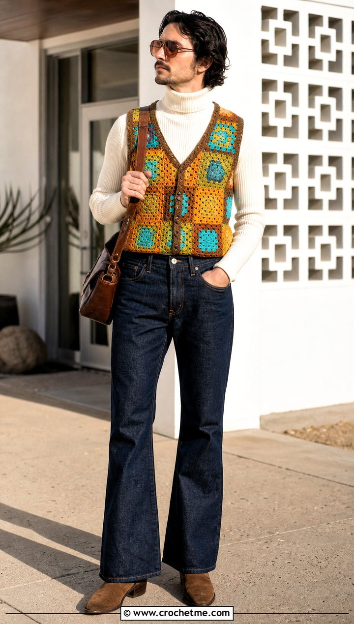 Retro Granny Square Mens Vest With Flared Jeans - 25 crochet granny square mens vest outfit ideas