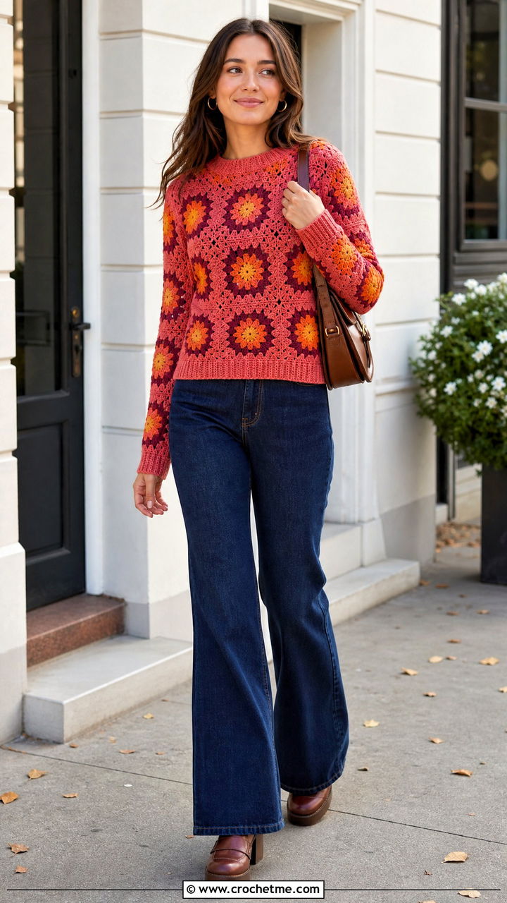 Retro Granny Square Pullover With Flared Jeans - 35 crochet granny square pullover outfit ideas
