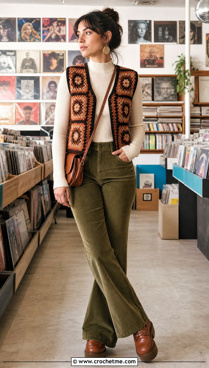 Retro Granny Square Sleeveless Cardigan With Corduroy Pants - 30 granny square sleeveless cardigan outfit ideas