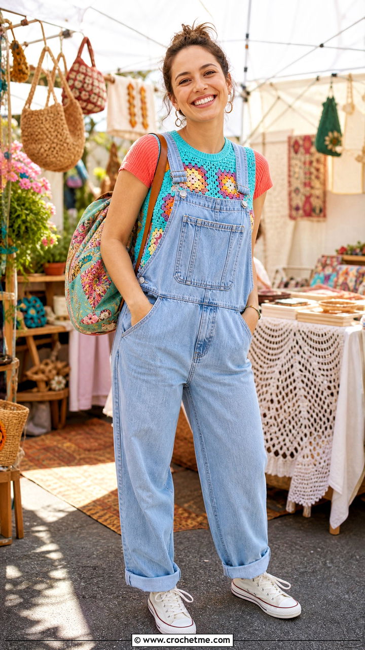 Retro Granny Square Sweater Vest With Denim Overalls - 35 granny square sweater vest outfit ideas