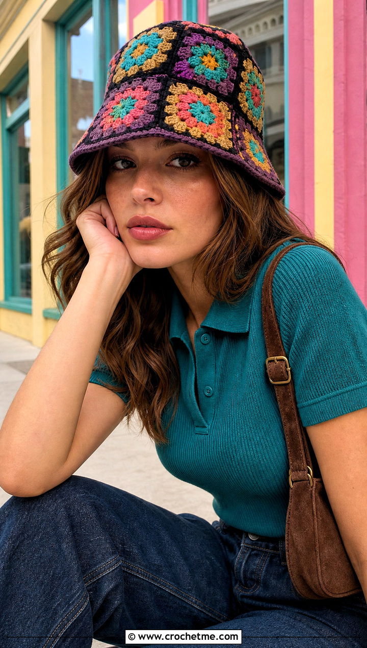 Retro Multicolor Granny Square Bucket Hat With Flared Jeans - 30 crochet square hat outfit ideas