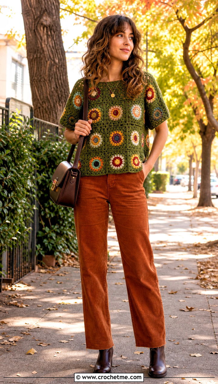 Retro Square Crochet Motif Top With Corduroy Pants - 30 crochet motif top outfit ideas