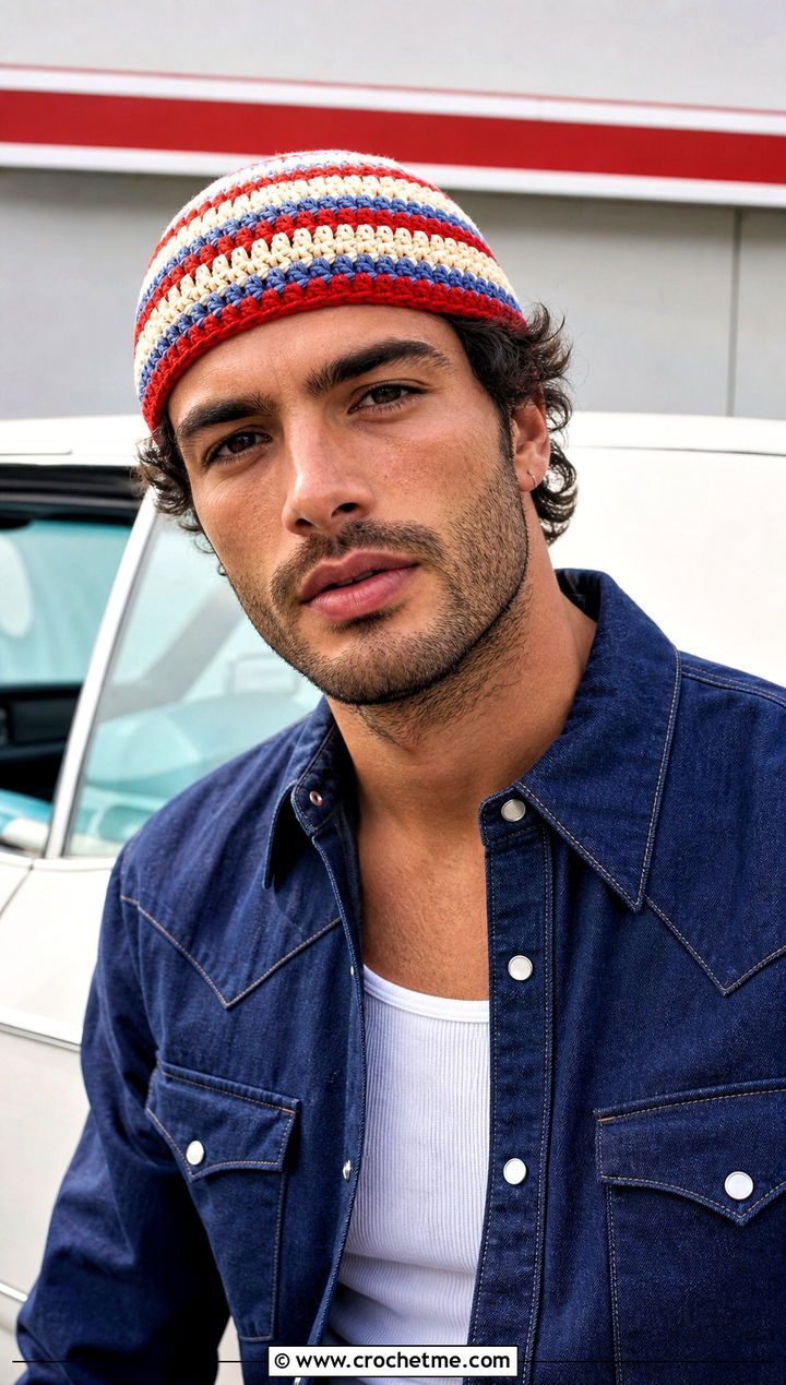 Retro Stripe Crochet Skull Cap With Western Shirt And Dark Denim - 25 Mens Crochet Skull Cap outfit ideas