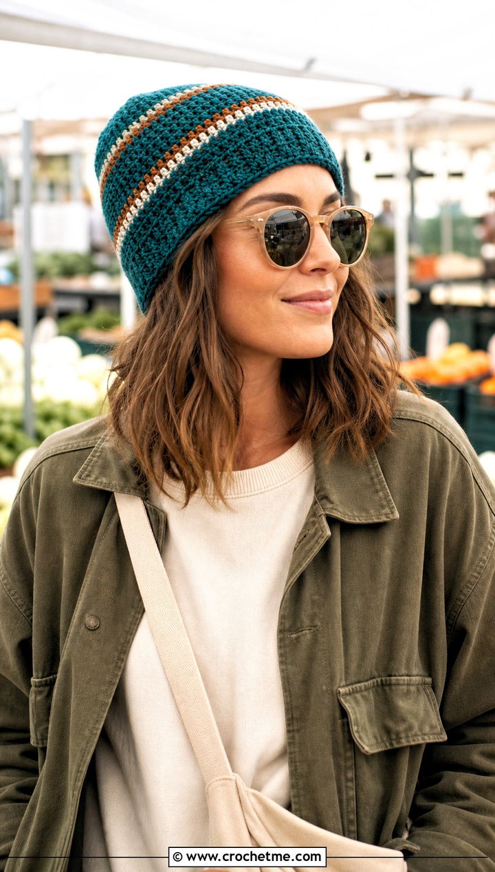 Retro Striped Crochet Short Row Beanie With Utility Jacket - 20 Crochet Short Row Beanie outfit ideas