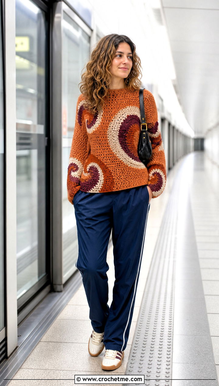 Retro Swirl Tapestry Crochet Sweater With Track Pants - 30 tapestry crochet sweater outfit ideas