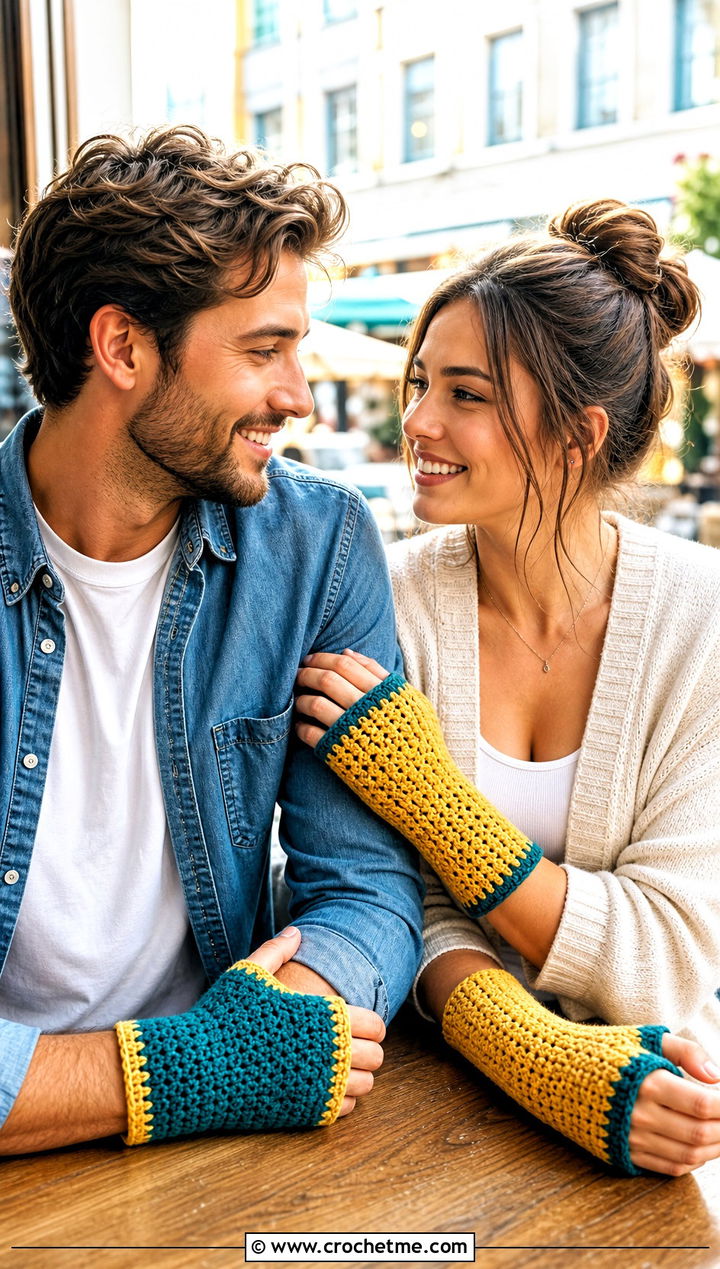 Reverse Color Crochet Wrist Warmers With Casual Layers - 25 Crochet Gloves For Couples outfit ideas
