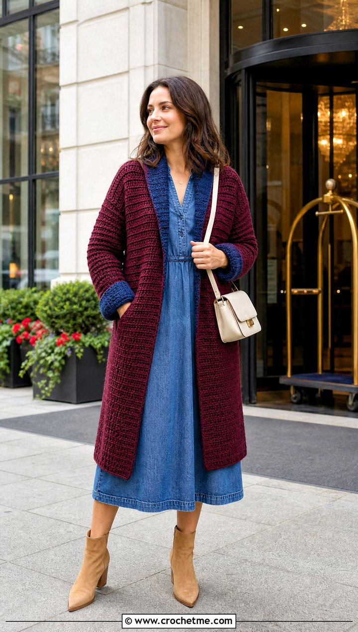 Reversible Blanket Crochet Cardigan With Denim Dress - 25 blanket crochet cardigan outfit ideas