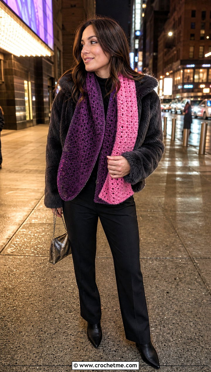 Reversible Bonfire Scarf With Faux Fur Jacket - 20 Crochet Bonfire Scarf outfit ideas
