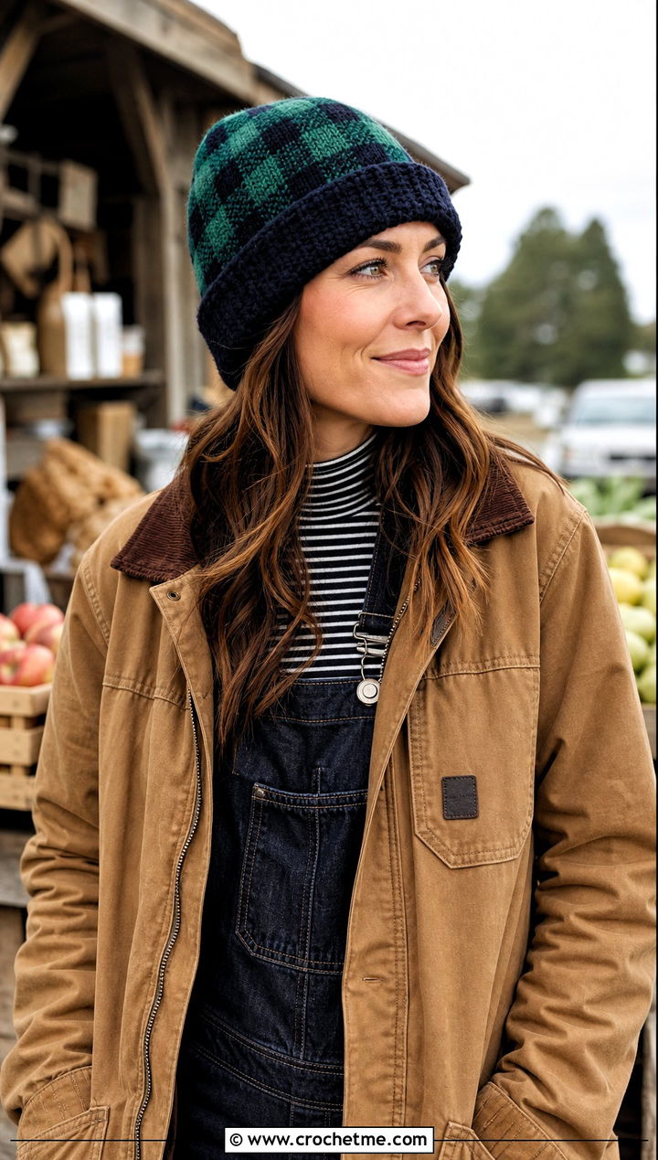 Reversible Buffalo Plaid Crochet Hat With Barn Jacket And Overalls - 20 Buffalo Plaid Crochet Hat outfit ideas