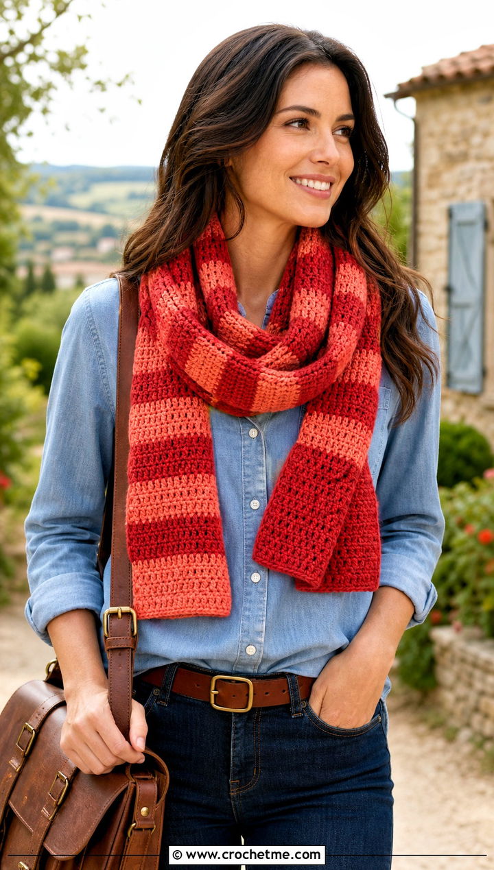 Reversible Buffalo Plaid Crochet Scarf With Denim Shirt - 15 buffalo plaid crochet scarf outfit ideas