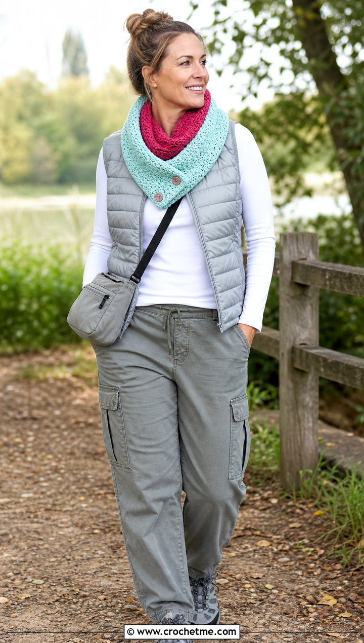 Reversible Button Cowl With Puffer Vest - 15 Button Crochet Scarf outfit ideas