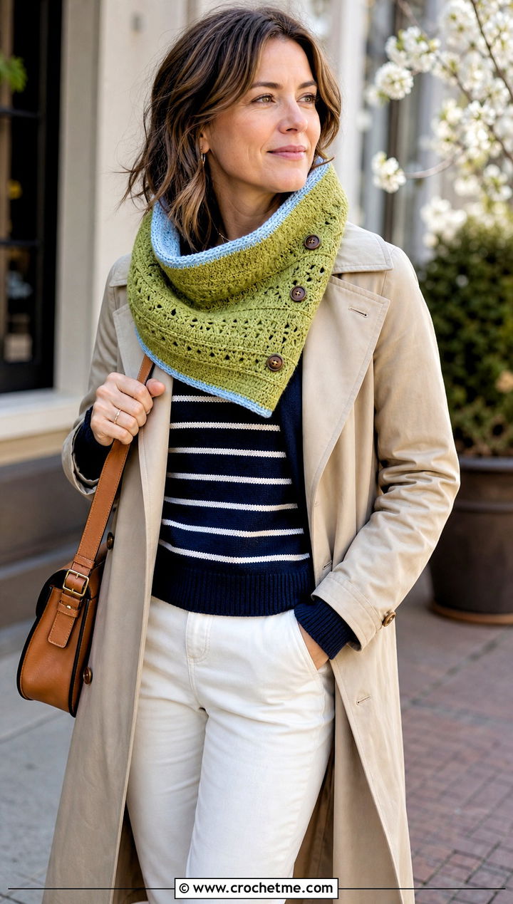 Reversible Button Cowl With Trench Coat And Loafers - 15 Crochet Cowl With Buttons outfit ideas