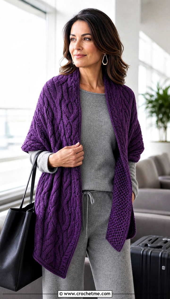 Reversible Cable Wrap With Monochrome Knit Set - 15 Crochet Cable Shawl outfit ideas