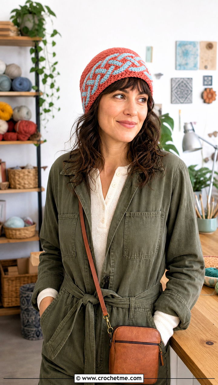 Reversible Celtic Knot Beanie With Utility Jumpsuit - 15 celtic crochet hat outfit ideas