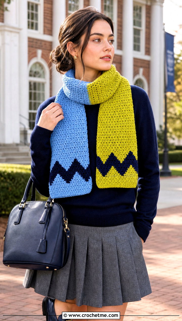 Reversible Charlie Brown Scarf With Pleated Skirt - 15 Crochet Charlie Brown Scarf outfit ideas
