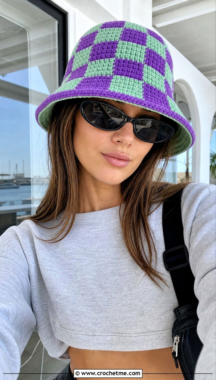 Reversible Checkerboard Crochet Bucket Hat With Athleisure Set - 20 checkerboard crochet bucket hat outfit ideas
