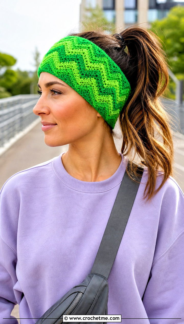 Reversible Chevron Headband With Sweatshirt And Biker Shorts - 15 Crochet Chevron Headband outfit ideas