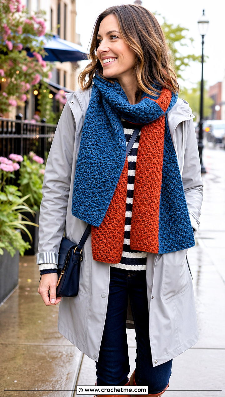 Reversible Color Block Crochet Scarf With Raincoat - 25 Color Block Crochet Scarf outfit ideas