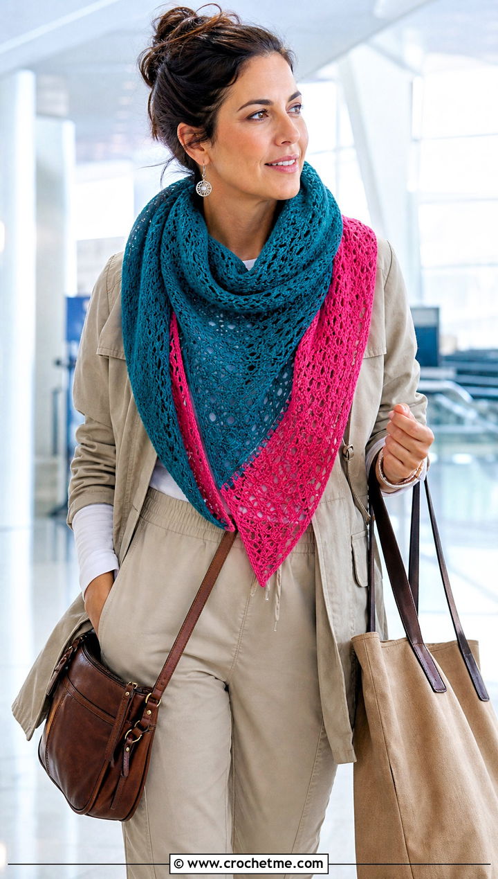 Reversible Crescent Crochet Shawl With Travel Outfit - 25 Crescent Crochet Shawl outfit ideas