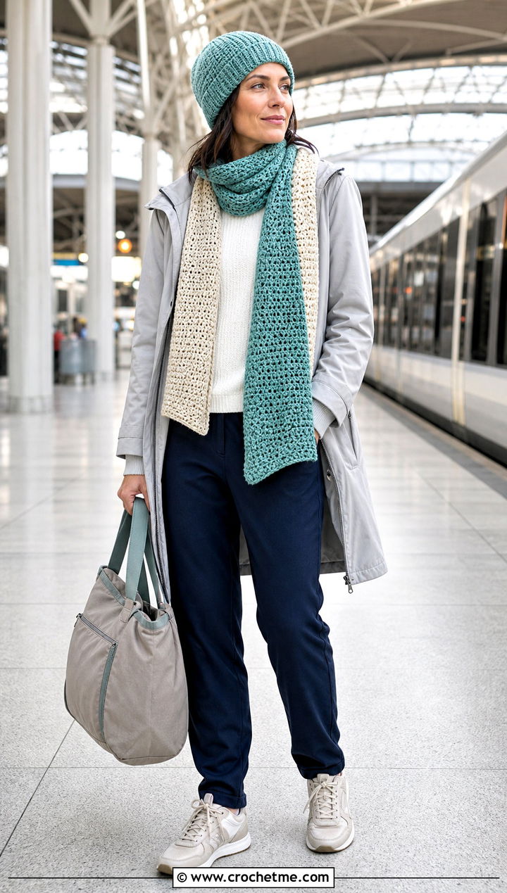 Reversible Crochet Beanie And Two Tone Scarf With Travel Outfit - 35 crochet hat and scarf set outfit ideas