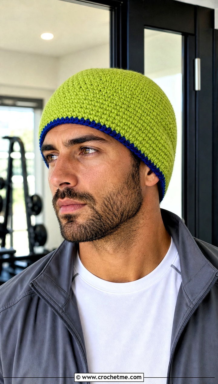 Reversible Crochet Beanie With Athleisure Outfit - 25 Crochet Mens Winter Hat outfit ideas
