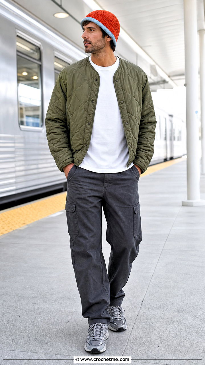 Reversible Crochet Beanie With Quilted Jacket And Cargo Pants - 35 crochet beanie for men outfit ideas