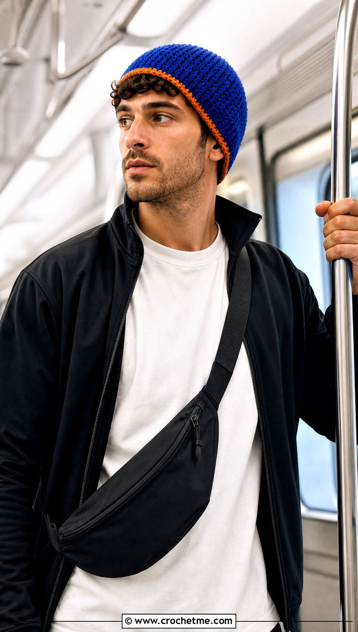 Reversible Crochet Beanie With Track Jacket - 25 Easy Mens Crochet Beanie outfit ideas