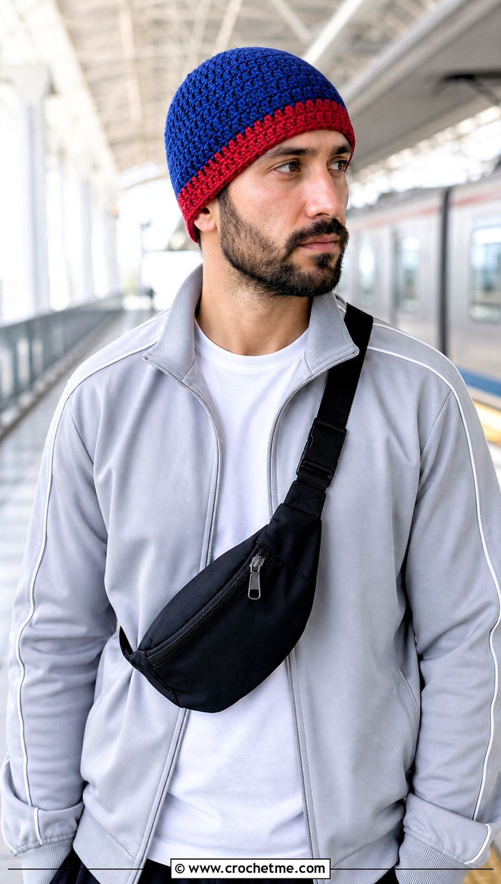 Reversible Crochet Beanie With Track Jacket - 25 easy men's crochet beanie outfit ideas