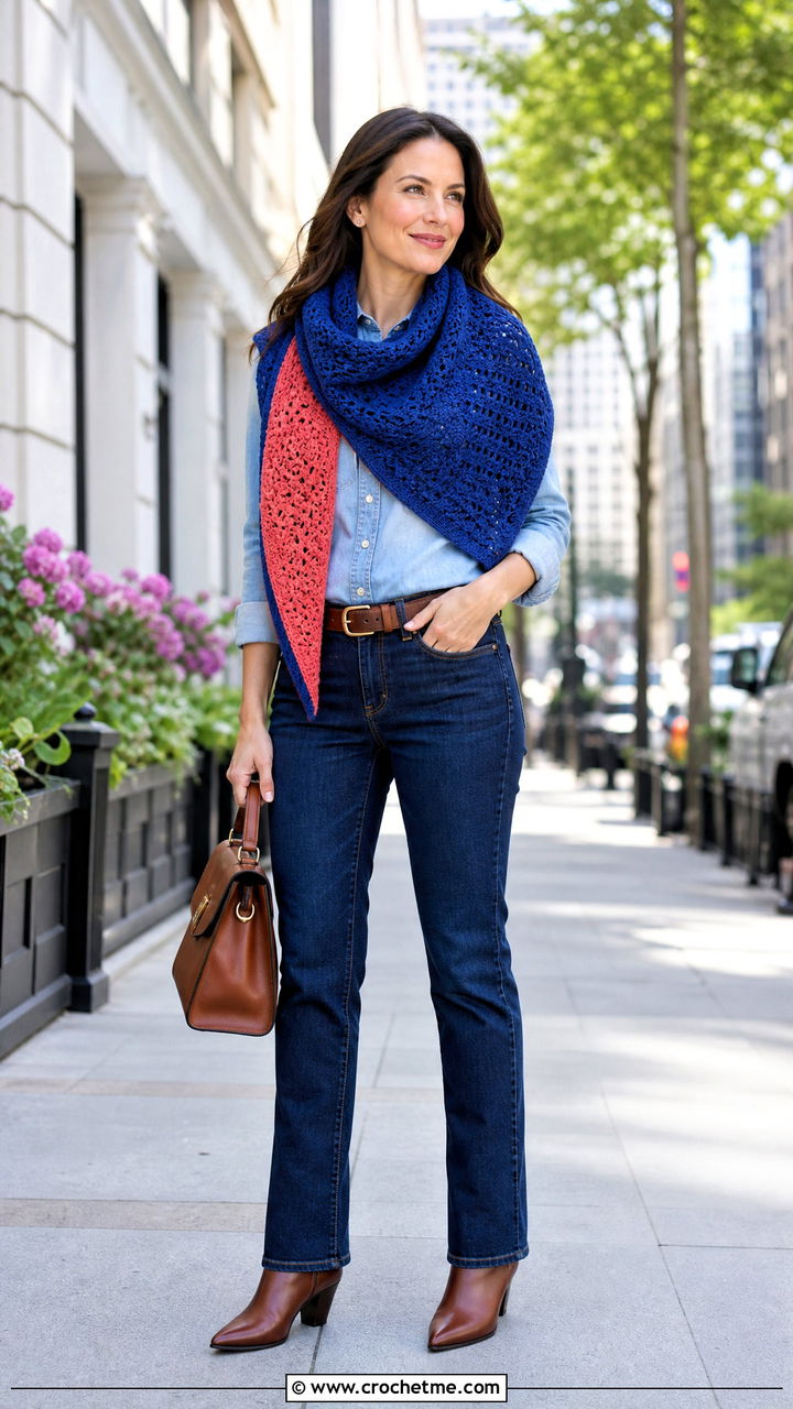 Reversible Crochet Blanket Scarf With Double Denim - 35 crochet blanket scarf outfit ideas