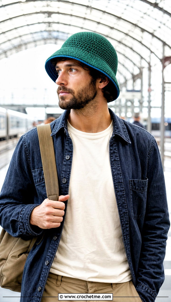 Reversible Crochet Bucket Hat With Denim Overshirt And Khaki Pants - 30 crochet bucket hat men outfit ideas