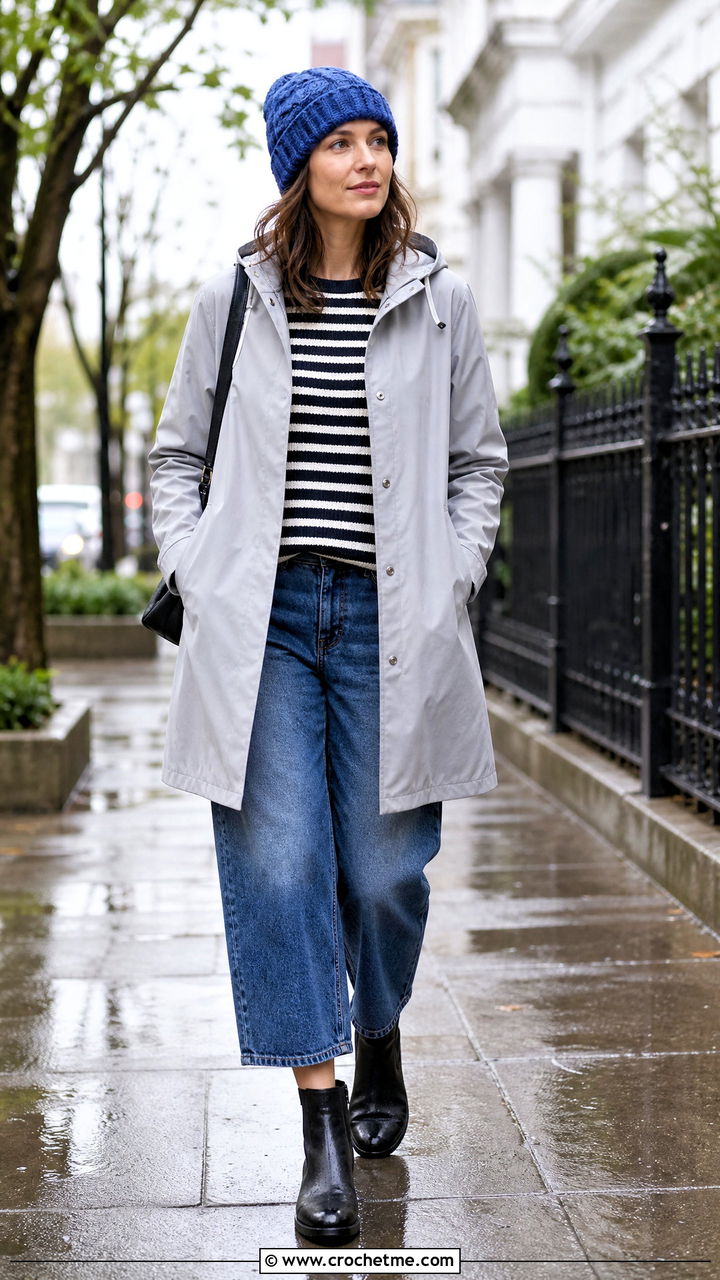 Reversible Crochet Cable Hat With Raincoat And Barrel Jeans - 35 crochet cable hat outfit ideas