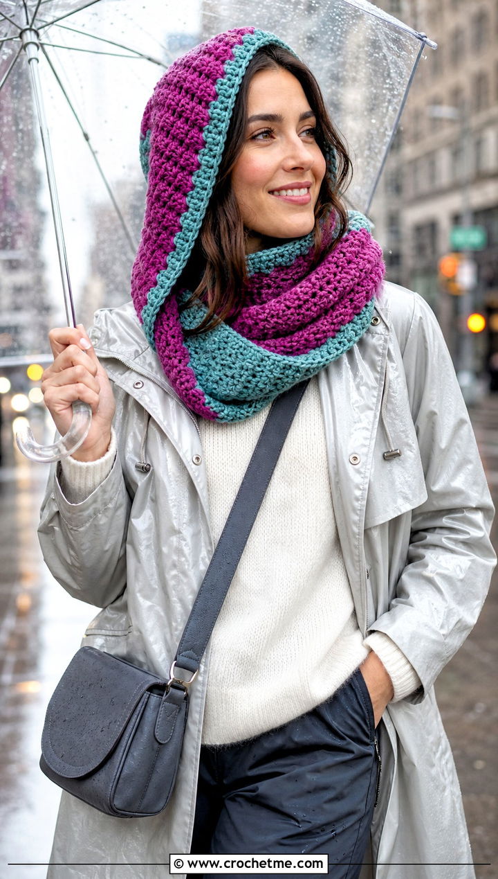 Reversible Crochet Cap Scarf With Raincoat - 25 Crochet Cap Scarf outfit ideas